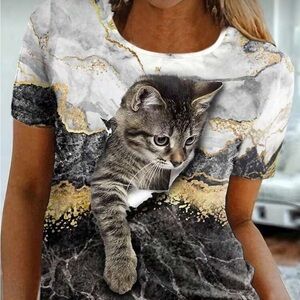 Cat Pocket Print Pet Tee - Gray and Gold